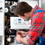 Technician repairing a boiler, focusing on maintenance and pressure adjustments, relevant to plumbing and heating services.