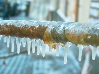 Icicles hanging from a frozen metal pipe, illustrating the dangers of frozen pipes in winter and the importance of plumbing maintenance.