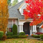 Charming home exterior surrounded by vibrant autumn foliage, showcasing a well-maintained landscape, emphasizing seasonal beauty and home comfort.